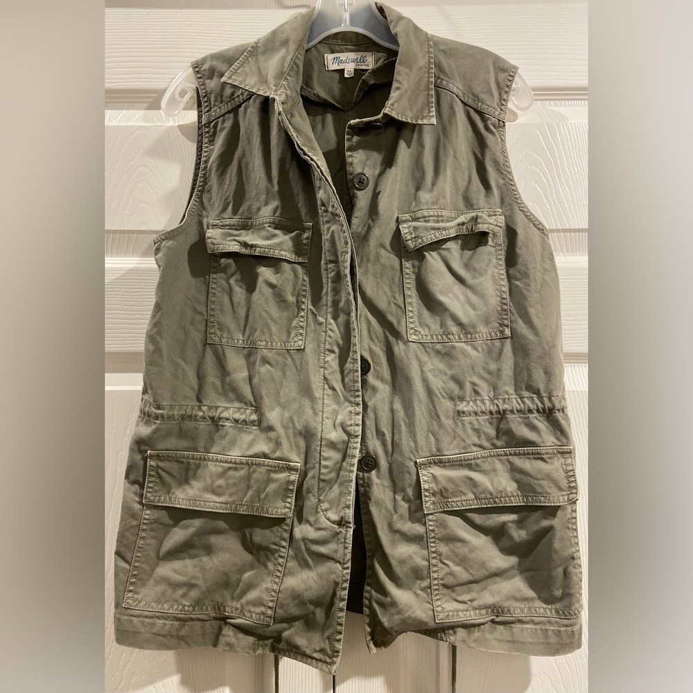 Madewell Utility Cargo Vest Olive Green Button Front Pockets Cotton Size XS